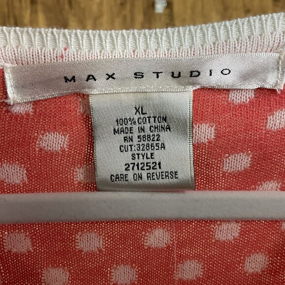 NWT Max Studio Scoop Neck Cotton Cardigan Sweater White w/Coral Polka Dots, XL - Picture 5 of 8